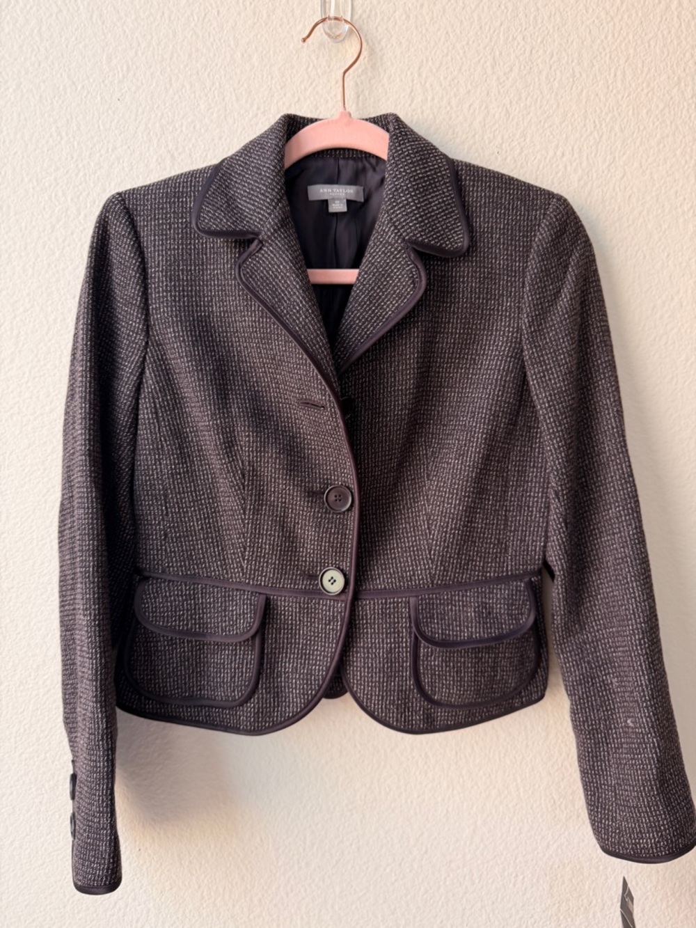 Ann Taylor Cropped Tweed Blazer Jacket Grey Tailored‎ Peplum Fitted Office 2P